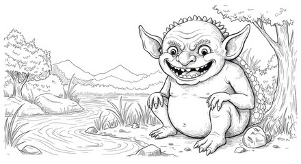 Mythical Kappa Creature by a Riverbank