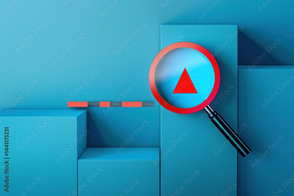 Poster 3d blue geometric blocks with magnifying glass highlighting a red triangle symbol expressing focus a
