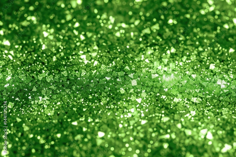 Poster close-up view of sparkling green glitter particles reflecting light creating a bright and festive at