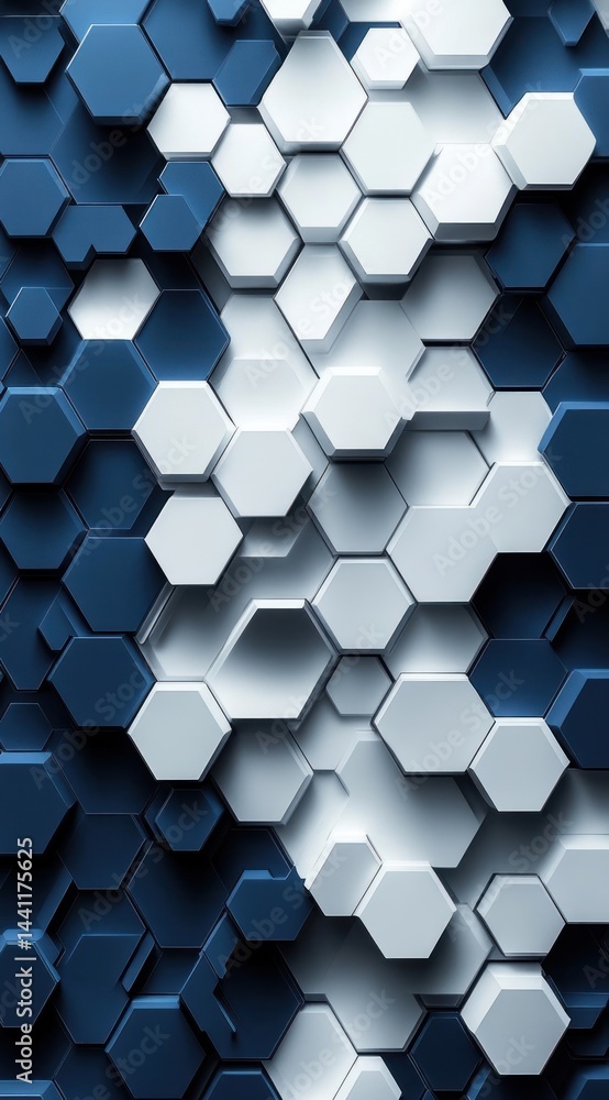 Poster abstract blue and white hexagon tiles creating a futuristic geometric pattern, suitable for a tech b