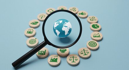 Entrepreneurship, startup, corporate a magnifying glass over a globe surrounded by sustainability icons on a light blue background view from above
