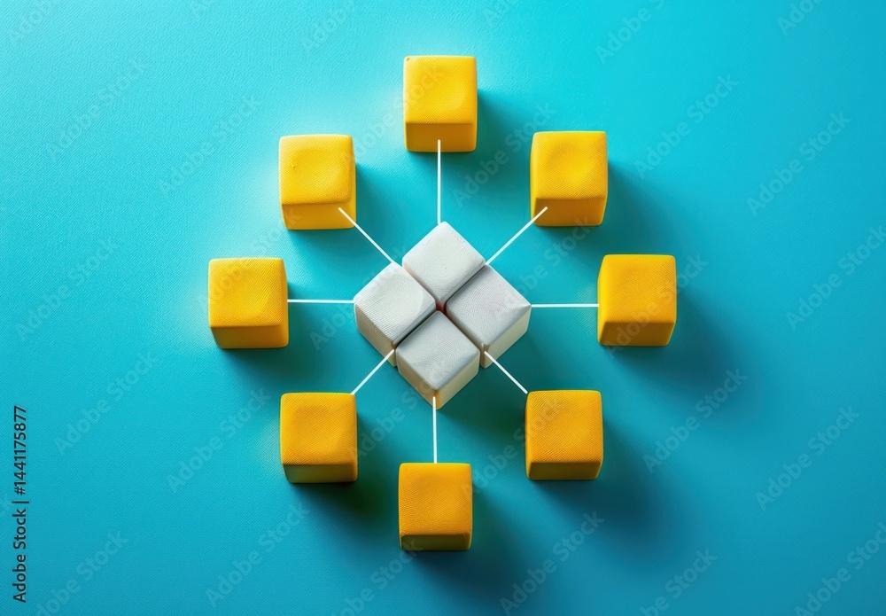 Poster yellow cubes connected by white lines to central cluster of white cubes on turquoise background repr