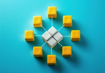 Obraz premium yellow cubes connected by white lines to central cluster of white cubes on turquoise background representing network or connection concept