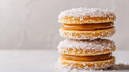 Alfajores Stacked with Dulce de Leche and Coconut Flakes on Light Background, closeup