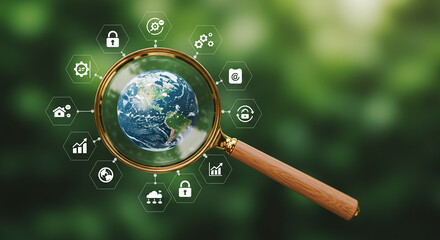 Entrepreneurship, startup, corporate earth globe under magnifying glass surrounded by technology icons on a blurred green background view