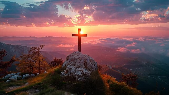 Inspirational cross on mountain top at sunrise with beautiful skyline