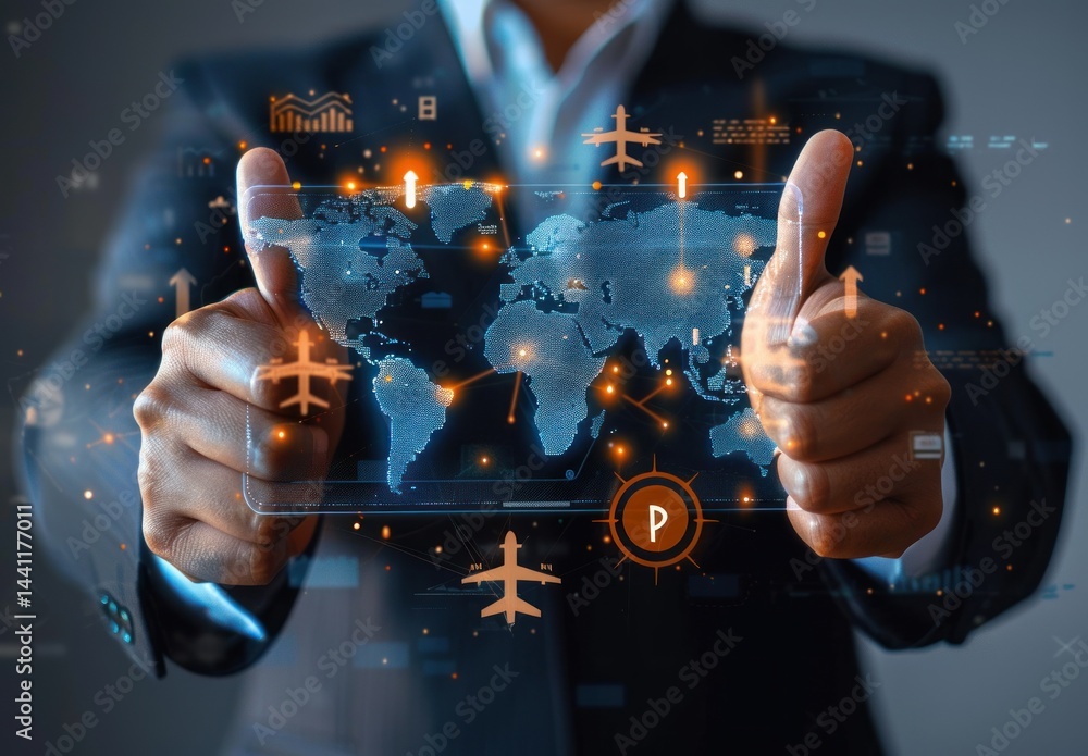 Poster businessperson in suit showing thumbs up with digital world map and airplane icons representing glob