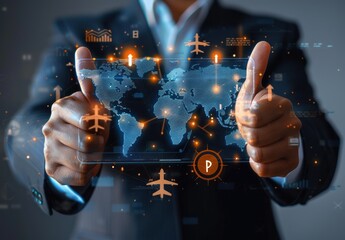 Businessperson in suit showing thumbs up with digital world map and airplane icons representing global air travel and connectivity with data visualization in futuristic style