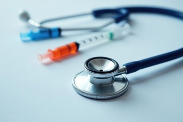 A veterinarian's stethoscope lies on a white surface, near syringes , syringe, medicine, medical supplies