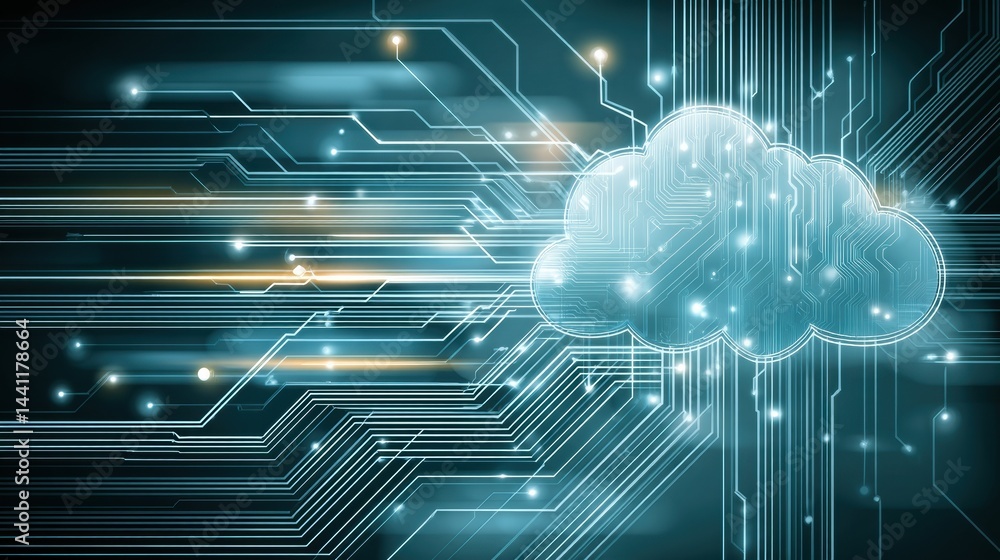Poster cloud icon with brain core and glowing circuits illustrating advanced technology and data connectivi