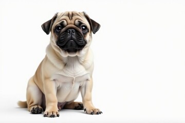 Obraz premium Adorable pug dog sitting, isolated on white background, ears, sitting