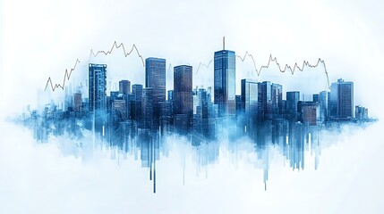 Obraz premium Abstract cityscape with skyscrapers and sound wave elements in blue tones