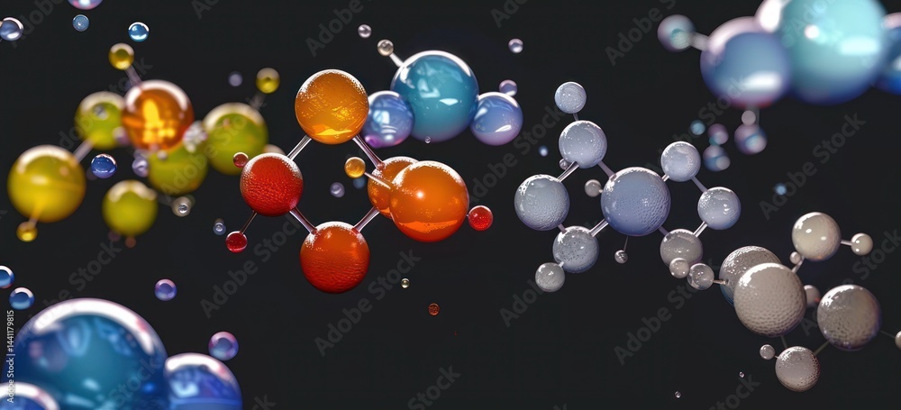 Poster colorful 3d molecular structures composed of interconnected shiny spheres of various sizes on dark b