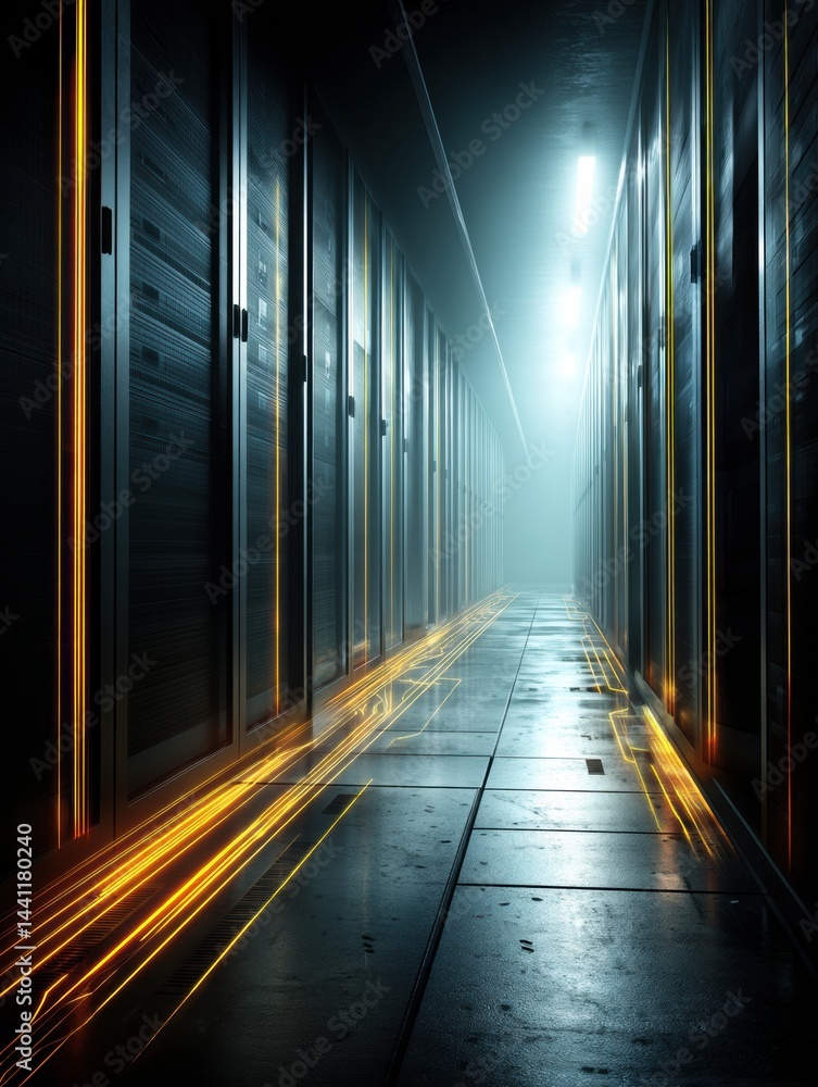 Poster mysterious dark server room featuring glowing led stripes and data lines illuminating the corridor