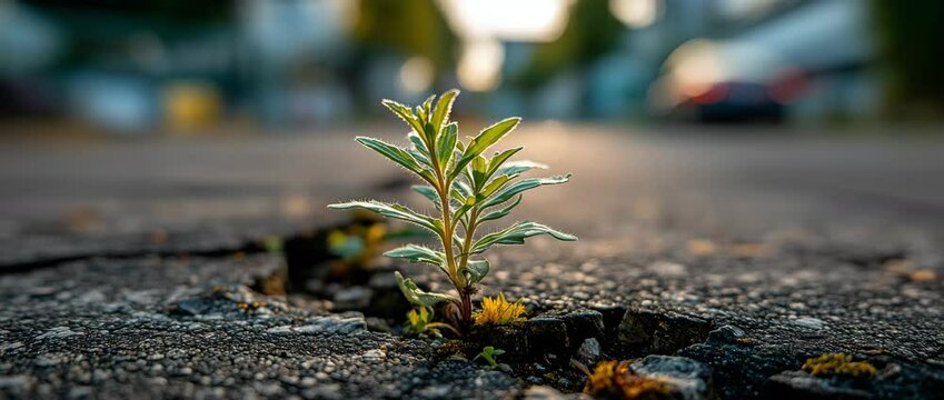 Close-up of a plant growing through cracked asphalt, emphasizing urban resilience and natural persistence in a shallow depth-of-field scene