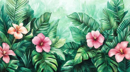 Lush Tropical Watercolor Hibiscus and Palm Leaves Print
