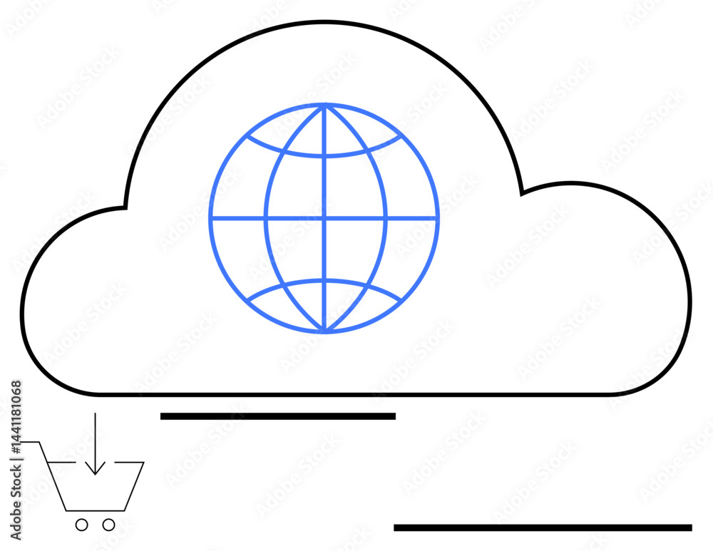 Poster cloud with globe symbolizing global connectivity and an arrow into shopping cart for e-commerce. ide