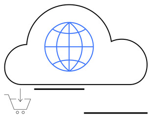 Cloud with globe symbolizing global connectivity and an arrow into shopping cart for e-commerce. Ideal for digital globalization, cloud services, online shopping, technology, innovation, data