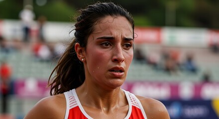 Fototapeta premium Athlete runner portrait during competition looking exhausted and sweaty after intense race event sport . facial expressions, athletics.