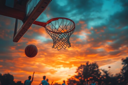 Sunset Basketball Shot Dramatic Sky and Hoop