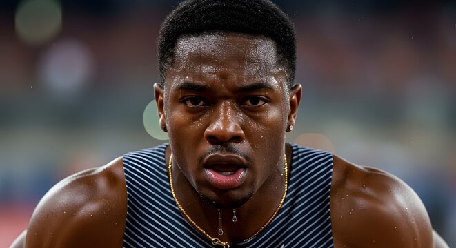 Track and field athlete sweating during competition close up intense look of determination and focus . facial expressions, athletics.