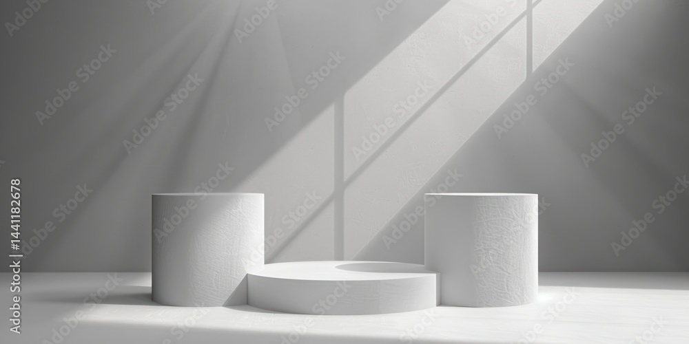 Poster minimalistic white geometric podium with three shapes bathed in soft natural light casting calm shad