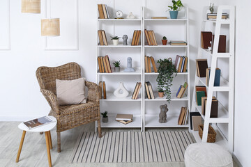 Interior of living room with armchair, plants and bookshelves