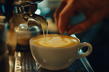 close up of barista pouring milk into white cup with latte art