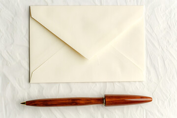Closed Cream Envelope on Textured White Paper Next to Polished Wooden Pen

