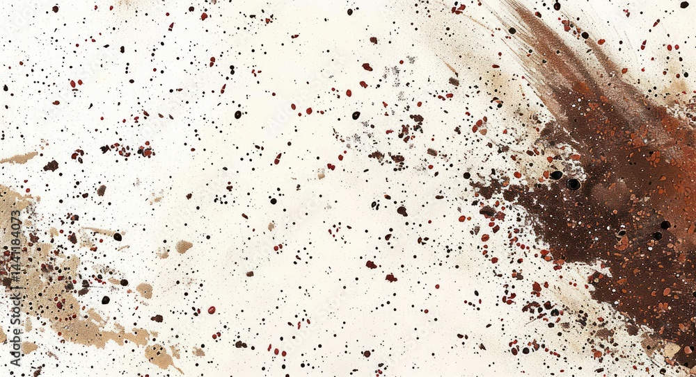 Poster abstract spread of brown, red, and black paint splatters and speckles on a white background creating