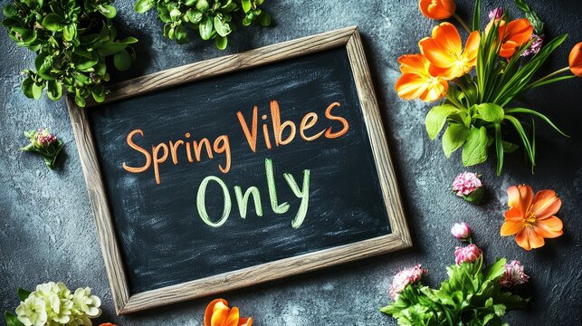 A chalkboard sign with "Spring Vibes Only" written on it