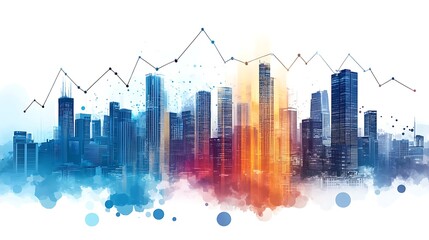 Fototapeta premium Abstract Cityscape with Economic Trends Overlay