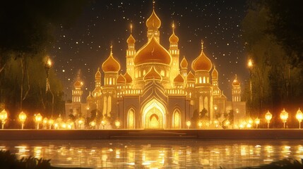Obraz premium Golden Palace at Night by a Pond