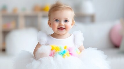 A smiling baby sitting on a fluffy white blanket, wearing a colorful tutu dress, soft pastel nursery setting with blurred background, and cheerful and innocent expression.