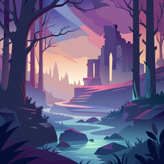 A vibrant forest illustration with a majestic castle rising in the background, surrounded by lush greenery.