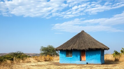African Rural Hut Thatched Roof Blue Walls Sunny Day Landscape Photography Rural Scene Vibrant Blue House Traditional Architecture Straw Roof House Exterior African Village Scenery Bright Sunny Sky   