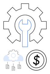 Gear with wrench inside, cloud with document links, and dollar sign depicting maintenance, cloud computing, system optimization, business investment, cost analysis, IT management, flat simple