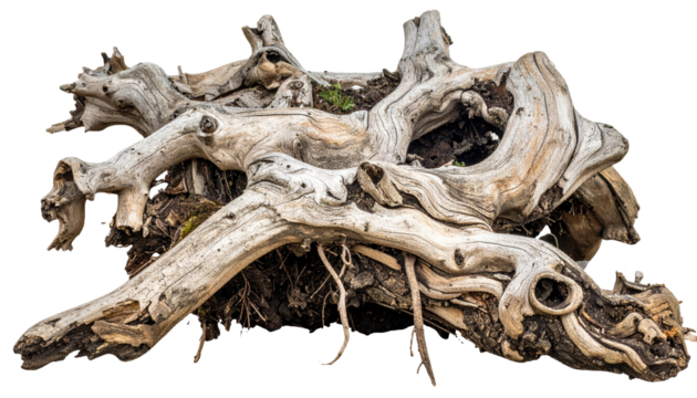 dead dry root of an old tree isolated on white or transparent    