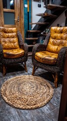 Cozy chairs on a rug with open staircase