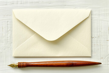 Closed Beige Envelope Resting Beside Vintage Wooden Pen on Textured White Surface

