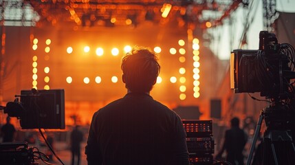 Silhouette of a Person at a Live Event with Stage Lights and Equipment