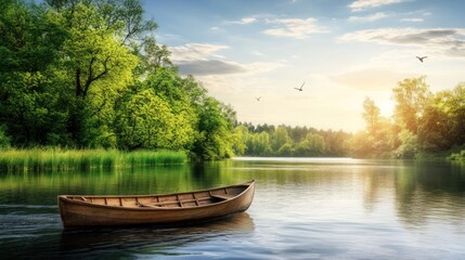 Obraz premium Wooden boat on tranquil lake at sunset (1)