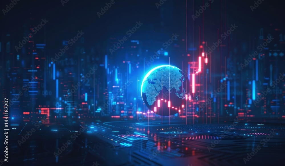 Poster glowing digital earth surrounded by futuristic blue and red data visualizations with vertical data b