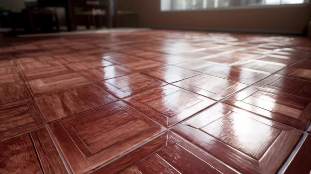 Close-up of glossy parquet flooring with a repetitive square pattern in a residential setting, evoking a warm and inviting ambiance