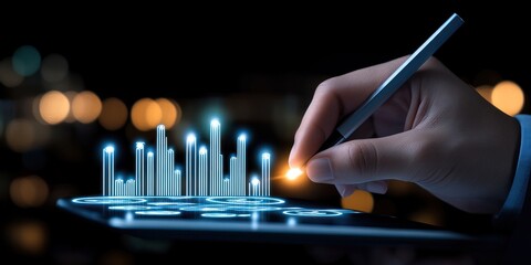 Hand drawing digital business growth chart on tablet