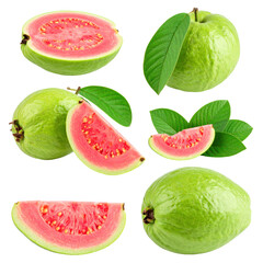 guava collection with leaves isolated on white or transparent     