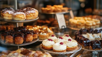 Fototapeta premium Selection of exquisite pastries and desserts at a charming confectionery shop