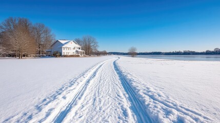 Obraz premium Winter wonderland snow trail leads to a country house
