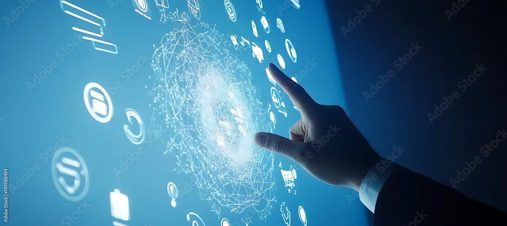 Poster businessman touching a digital screen with icons of a global network and data transfer on a blue bac