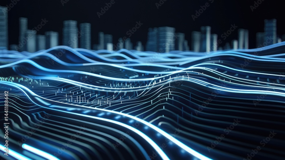 Poster abstract flowing light wave effect in digital technology design. seamless modern art of energy in cy